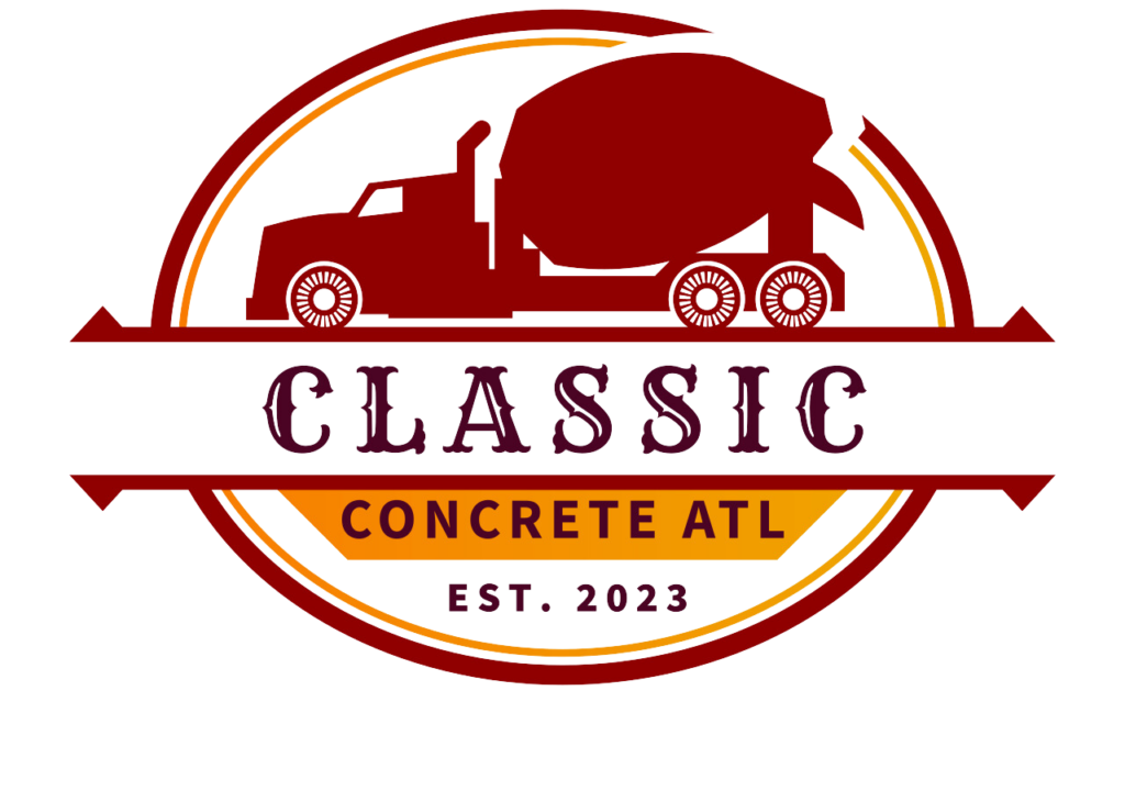 Logo for Classic Concrete ATL featuring a concrete truck, company name, and 'Est. 2023' in bold red and orange